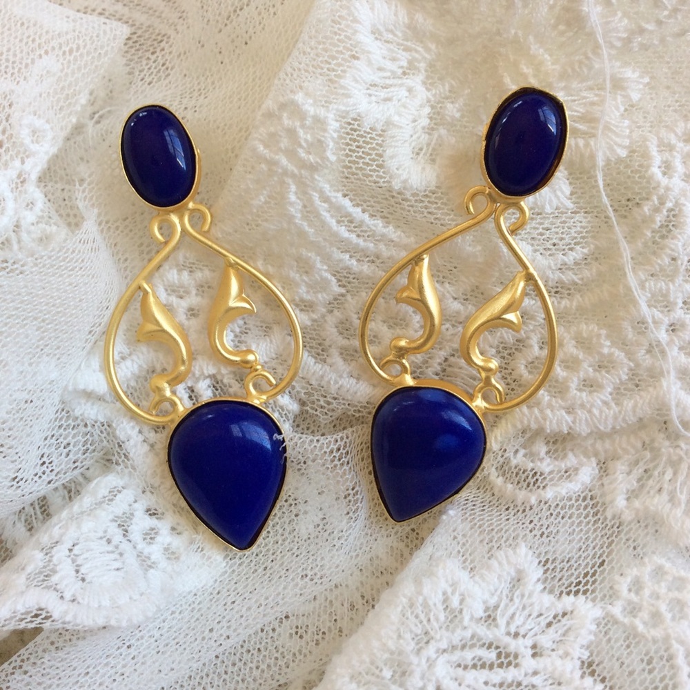 Gold plated 925 Lapis Lazuli Dangle Earring 3.75” Long